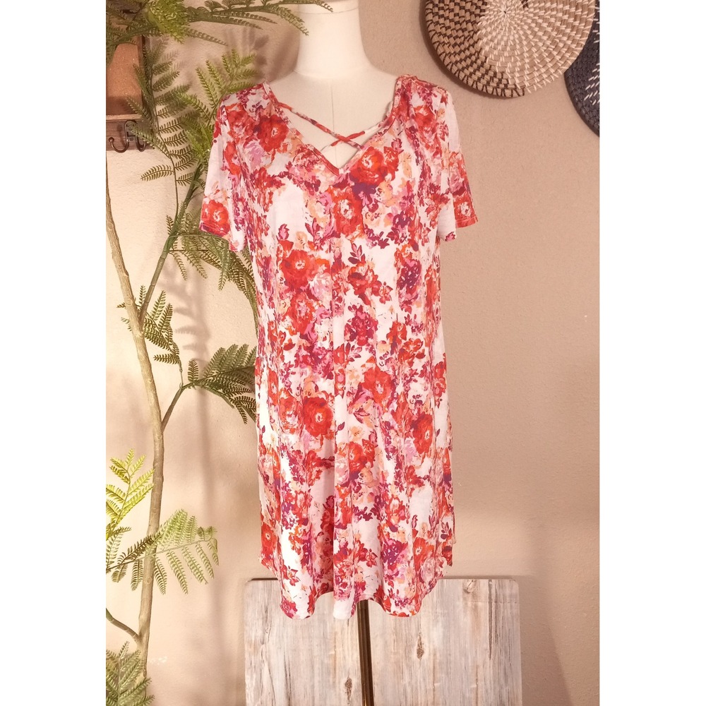 How Very Loved Floral Shift Dress Large Red Pink Orange V-Neck Strappy Back USA